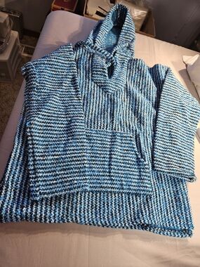 Striped BaJa Blue Hoodie Poncho Sweater Sz M